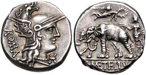 가이우스 카이킬리우스 메텔루스 카프라리우스의 데나리우스, 기원전 125년. 뒷면에는 기원전 251년 파노르무스에서 승리한 후 루키우스 메텔루스의 개선 장면이 묘사되어 있다.