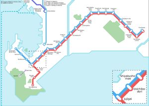 하코다테시 교통국 노선도 : 빨간색과 파란색은 하코다테 시영 전차, 회색은 철도, 보라색 점선은 하코다테 산 로프웨이, 파란색 점선은 페리를 나타낸다.