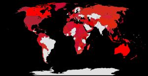 깃발에 빨간색이 있는 국가들; 빨간색의 색조는 각 깃발의 색조에 해당합니다.