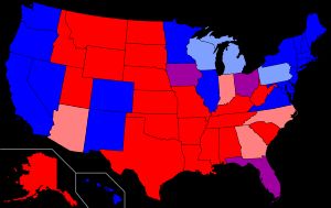 2008년, 2012년, 2016년, 2020년 미국 대통령 선거에서 민주당 후보에게 투표한 청색 주와 공화당 후보에게 투표한 적색 주를 보여주는 미국 지도