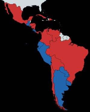2023년 현재 우파 정부(청색)와 좌파 및 중도-좌파 정부(적색) 국가 현황