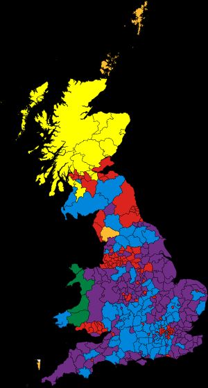 2014년 영국 유럽 의회 선거 결과. UKIP이 가장 많은 표를 얻은 지역은 보라색으로 표시되어 있다.