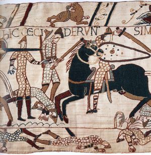 바이유 태피스트리의 한 장면. 기병으로 무장한 노르망디 군인들이 앵글로색슨 보병과 싸우는 모습을 보여준다.