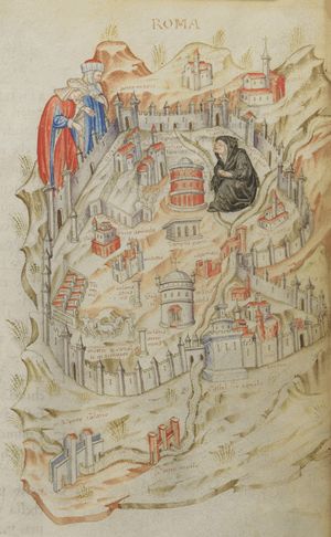 아비뇽 유수 시대를 애도하는 검은 옷을 입은 미망인으로서의 로마를 의인화한 그림