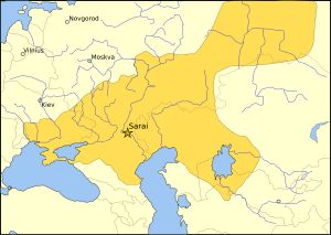 1389년의 골든 호드의 영토. 금색 별은 사라이의 위치를 보여주며, 이는 골든 호드의 수도이다.