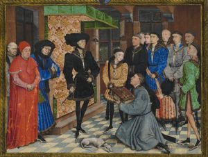 로히어르 판 데르베이던의 1447–48년 세밀화. 필리프는 장 보클랭이 쓴 '에노의 역사'를 전달받으면서 화려한 샤프롱을 쓰고 있으며, 옆에는 아들인 샤를과 재상인 니콜라 롤랭이 있다.