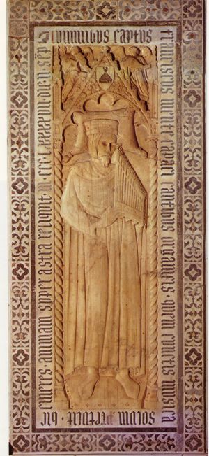 란디니의 묘비, 휴대용 오르간을 연주하는 그의 모습이 새겨져 있다