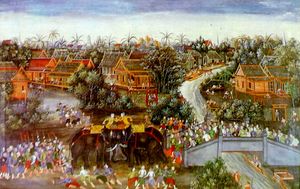 파탄 다리에서 인타라차 왕의 두 아들이 코끼리 위에서 죽을 때까지 싸운 사건을 묘사한 그림