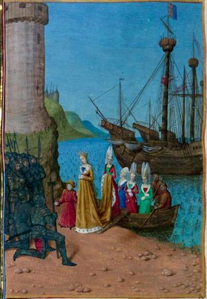 에드워드 2세에 대한 쿠데타로 잉글랜드에 귀국한 어머니 이자벨라와 에드워드 왕세자(장 푸케 그림)