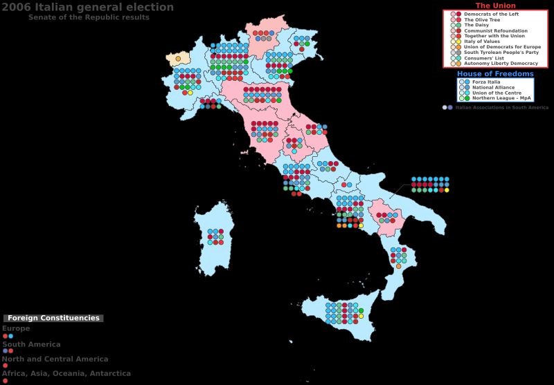 선거구별 의석 총계. 이는 비례대표제 선거이므로, 의석 총계는 전국 득표율에 따라 결정되며, 각 지역에서 가장 큰 연합에 유리하게 작용합니다.