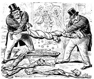 "노동자와 사업주 간의 새로운 관계", 1896년 취리히 풍자 잡지 Der neue Postillon에 실린 스위스 노동 운동에 따른 스위스 공장의 열악한 노동 조건을 묘사한 만화