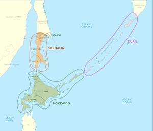 1945년 이전 아이누어와 방언의 분포도
