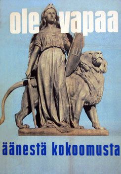 1948년 선거 포스터. 핀란드어로 "자유롭게 되세요, 연립정당에 투표하세요"라고 쓰여 있다.