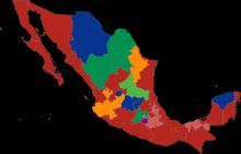 각 주의 주지사 소속 정당을 나타낸 지도. 진한 녹색은 제도혁명당