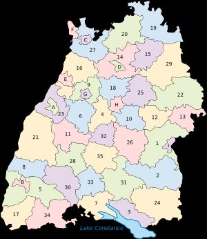 바덴뷔르템베르크주와 그 행정구역(Landkreise와 Stadtkreise)의 지도