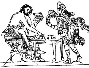 다리우스 항아리(기원전 340~320년)에 묘사된 아케메네스 조세징수관이 주판(Abacus)으로 계산하는 모습.