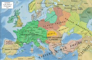 9세기 유럽. 로슬라겐은 "스웨덴인과 고트인"으로 표시된 지역의 북쪽 끝 해안을 따라 위치해 있다.