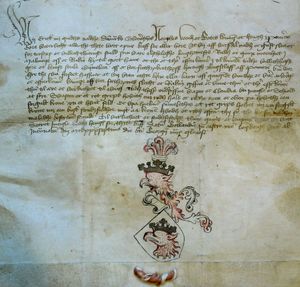 1437년 에리크 폰 포메라니아가 작성한 편지. 말뫼 시에 수여된 문장에 대한 설명이 담겨 있다.