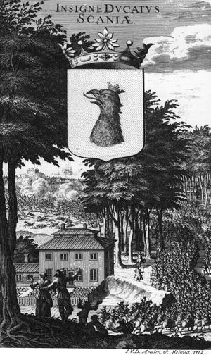 에릭 달베르크의 스웨덴 고대와 현대에 실린 1712년 판화에 나와 있는 스코네의 문장