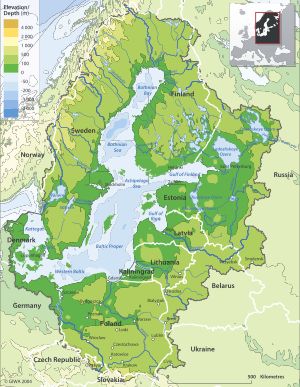 발트해 유역(집수역), 수심, 고도, 주요 강과 호수