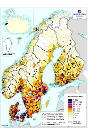 북유럽 국가들의 인구 밀도 지도 (1996)
