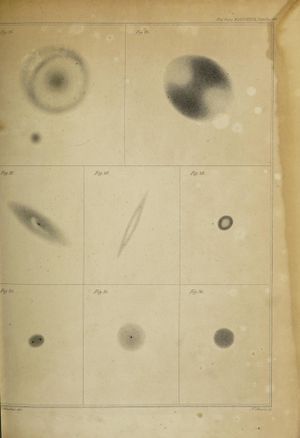 런던 왕립학회 철학회보(Philosophical Transactions of the Royal Society) 1833년에 실린 "1825년과 1833년 사이에 슬로에서 20피트 반사 망원경으로 관측한 성운과 성단에 대한 관찰"의 아령 성운