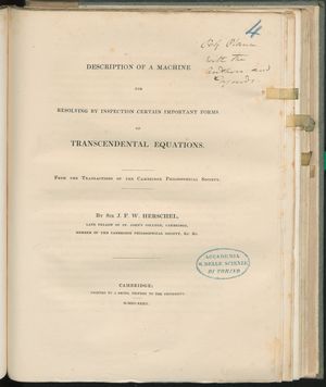 『검사를 통해 특정 중요한 초월 방정식 형태를 푸는 기계에 대한 설명』, 1832