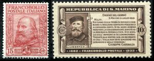 1910년 이탈리아 우표(세트 중 하나) & 가리발디 사후 50주년을 기념하여 1932년 발행된 산마리노 우표