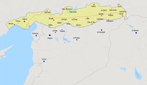 1921년 앙카라 조약에 따라 프랑스가 터키에 할양한 시리아 북부 산작(노란색 음영 지역). 주황색 선은 세브르 조약의 국경을 나타냅니다.