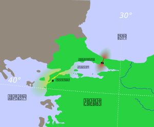 에게해와 흑해, 터키 해협의 위치. 빨간색: 보스포루스 해협, 노란색: 다르다넬스 해협
