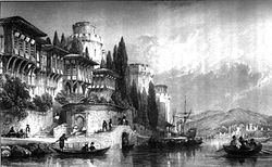 보스포루스 해협, 유럽과 아시아의 성. 토마스 앨럼(Thomas Allom)의 19세기 판화. 성은 각각 루멜리히사르(Rumelihisarı)와 아나돌루히사르(Anadoluhisarı)이다.