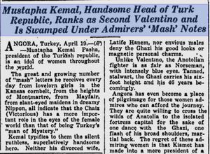 터키 공화국의 멋진 지도자 무스타파 케말 아타튀르크를 향한 전 세계 여성들의 찬사에 대한 AP 통신 기사