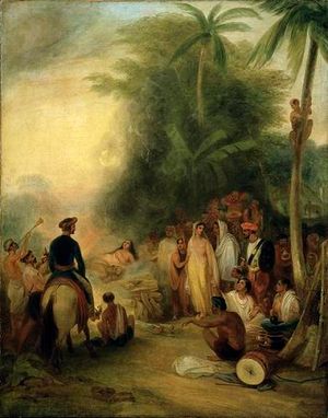 1831년 제임스 에트킨슨이 그린 사티 장면. 미망인이 원할 경우 남편과 함께 화장하던 인도의 장례풍습은 영국인이 보기에 야만적인 것이었다.