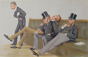 배니티 페어 1880년 12월 1일자에 실린 스파이의 풍자화 "제4당". 왼쪽부터 랜돌프 처칠, 아서 발푸어, 헨리 드럼몬드 울프, 존 엘든 고르스트.