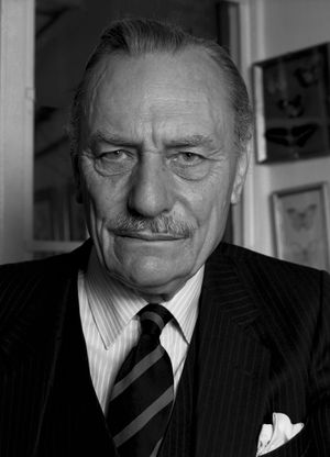 머리카락이 풍성하고 작은 콧수염을 기른 노인이 카메라를 응시하고 있다.