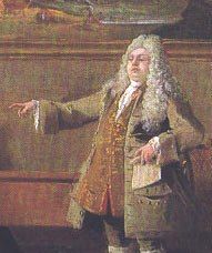 마르코 리치(Marco Ricci)의 1709년 작품 "오페라 리허설(Rehearsal for an Opera)"의 세부 묘사. 리치는 퀸스 극장의 무대 미술가였으며, 이 가수는 극장의 주요 알토 카스트라토였던 니콜리니(Nicolini)를 묘사한 것으로 추정됨.