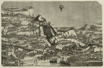 릴리퍼트 해안에 표착하여 기절한 굴리버를 군대가 묶고 있는 모습