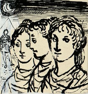 피터 호퍼(Peter Hoffer)가 1959년 디자인한 대본 표지. 첫 장면: 멀리 타미노가 서 있는 피라미드 앞에 세 명의 여인이 서 있다.