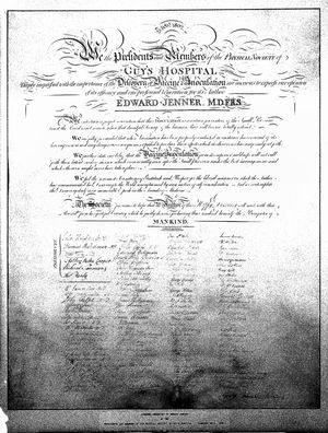 백신 개발의 선구자 에드워드 제너에게 제시된, 1802년의 예방접종 효능에 대한 증언서. 런던 물리 학회 회원 112명이 서명함