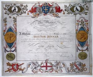 1803년 제너에게 수여된 런던 시민권 증서