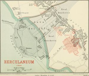 1908년 당시 현대 도시 아래에 있는 고대 유적지와 1631년 용암 흐름을 보여주는 헤르쿨라네움 지도