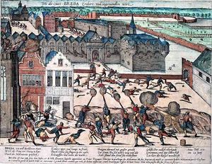 17세기 착색된 구리판화는 브레다의 파괴, 강간 및 약탈을 묘사하고 있습니다. 병사들이 남녀를 죽이고 도시가 불타고 있습니다.