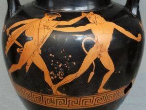기원전 460년경 테세우스가 미노타우르스를 죽이는 모습을 보여주는 암포라.