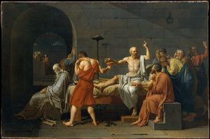 자크 루이 다비드(Jacques-Louis David)의 그림, 『소크라테스의 죽음』. 독배를 건네는 것은 간수이다.
