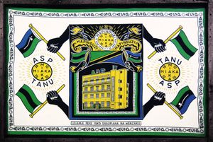 혁명(Mapinduzi) 10주년을 기념하는 캉가(Kanga (African garment))로, 아프로-시라지당(ASP)과 TANU를 언급하고 있다.(경이로운 집(House of Wonders), 스톤타운 박물관)