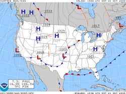 2006년 10월 21일 미합중국의 지상 일기도. 고기압 지역은 "H"로 표시되어 있다.