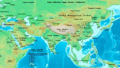 기원전 323년 아시아, 중앙아시아에 위치한 마사게타이를 보여줌