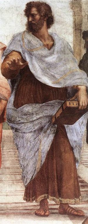 라파엘로의 그림 《아테네 학당》에 묘사된 윤리학을 들고 있는 아리스토텔레스