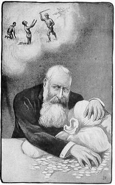 콩고 자유국 풍자 그림. 손이 잘린 콩고인을 무시하고 콩고에서 이득을 보는 레오폴드 2세를 비판하고 있다.