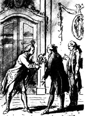 1784년 사절 마테우스 레스테브논과 제라르 브란트센이 부제독 피에르 앙드레 바이이 드 쉬프랭 드 생트로페에게 금검을 증정하는 모습.